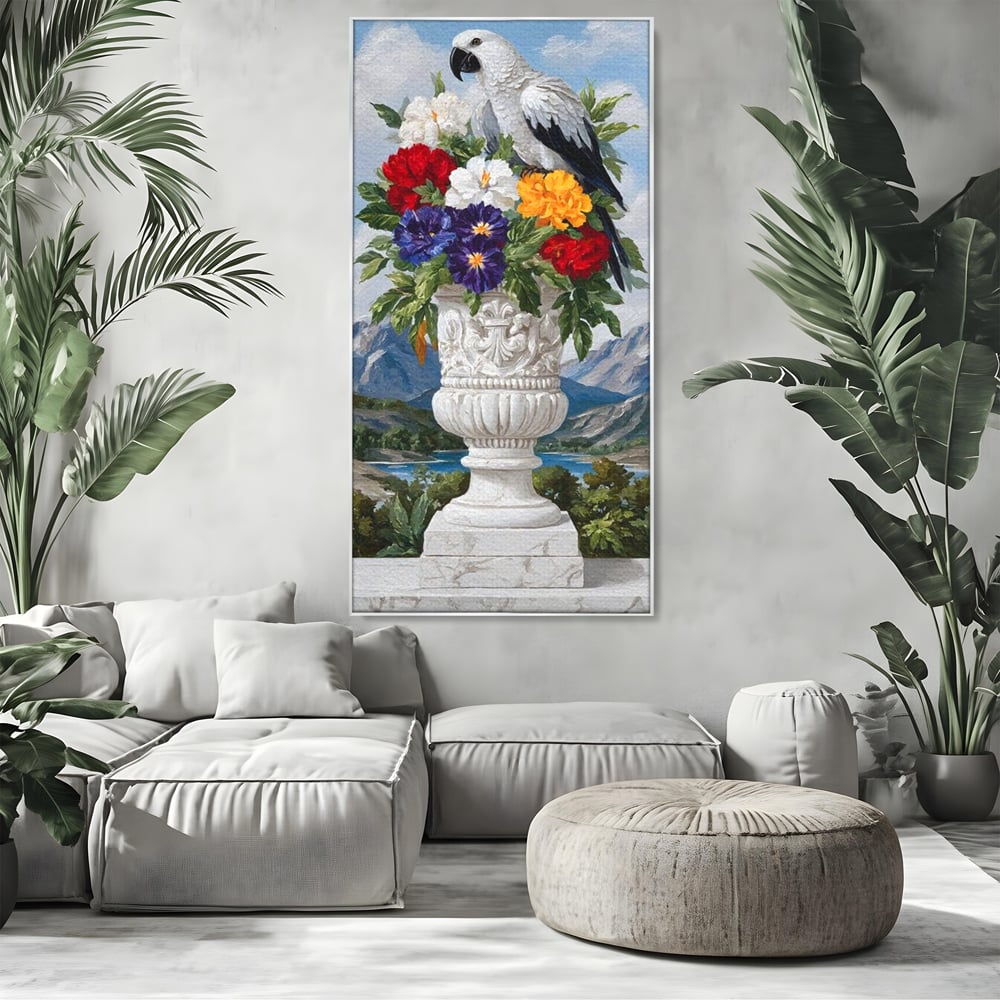 Tablou canvas cu tablou canvas cu papagal si vaza cu flori, in rama de aluminiu argintiu, pe perete intr-un living